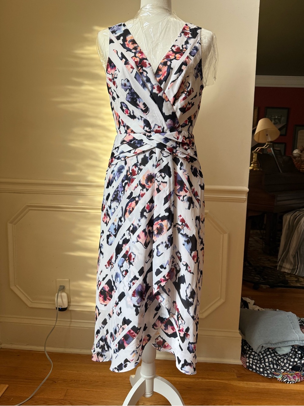 White House Black Market Floral Wrap Midi Dress in White with Pink & Navy Accent